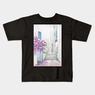 Mediterranean street with bouganville oil painting Kids T-Shirt